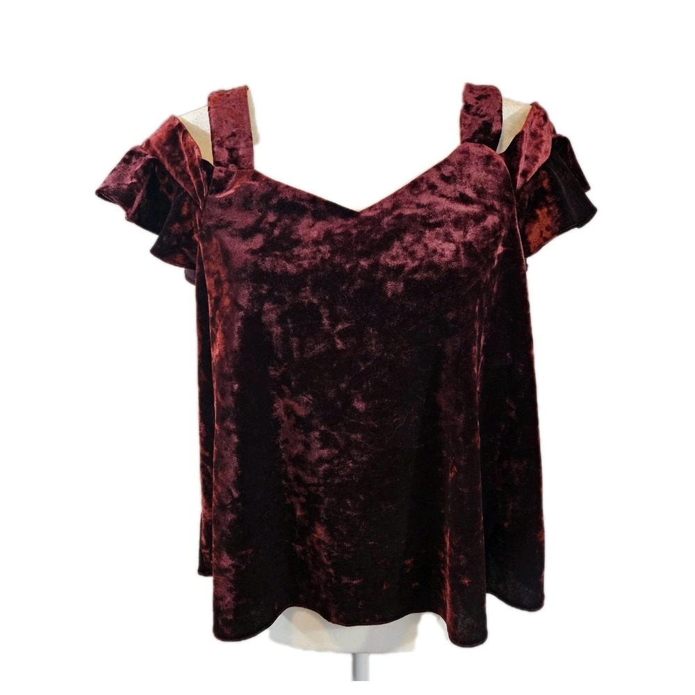 Topshop Velvet Open Shoulder Top Womens 8 Ruffle Sleeves Vamp Grunge WhimsiGoth